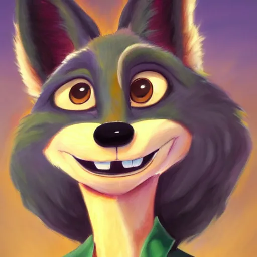 Image similar to oil painting of anthromorphic female wolf, in style of zootopia, female fursona, furry, furaffinity, 4 k, deviantart, furry art, fursona art, wearing black business suit, business suit, wolf fursona, female, very expressive detailed feminine face,