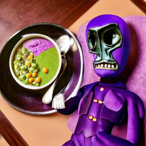 Image similar to a modernized alien in a purple three - piece suit made of velvet, he is enjoying a bowl of split pea and mushroom soup at a 5 - star restaurant in the bronx, photorealistic, highly detailed, photography, refined spontaneity