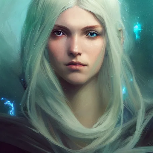 Image similar to portrait of a beautiful young woman with glowing blue eyes, flowing white hair, dressed in a green, detailed face, fantasy, highly detailed, cinematic lighting, digital art painting by greg rutkowski and artgem, trending on artstation, very very beautiful, very attractive