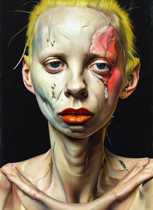 Prompt: Oil painting - Portrait of Yolandi Visser by Lucian Freud and Jenny Saville, Abstract brush strokes, Masterpiece, Edward Hopper and James Gilleard, Zdzislaw Beksinski, Mark Ryden, Wolfgang Lettl highly detailed, hints of Yayoi Kasuma