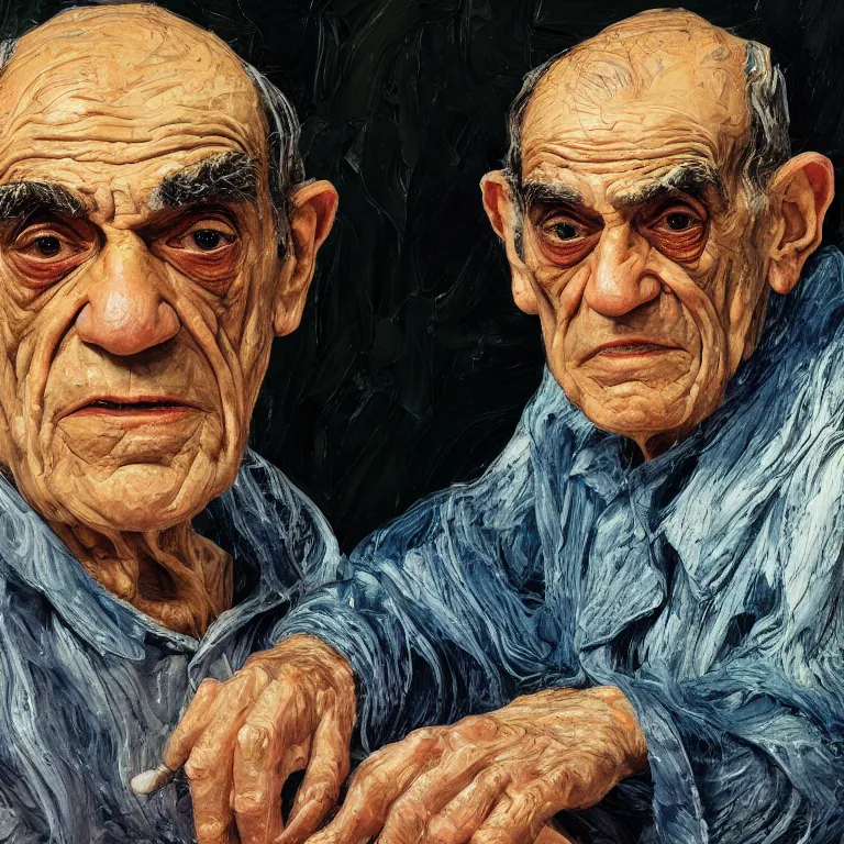 Image similar to warmly lit close up studio portrait of aging old Abe Vigoda age 115 wrinkled sad, impasto oil painting thick brushstrokes by Lucian Freud and Cy Twombly and Tim Hawkinson , trending on artstation dramatic lighting Expressionism