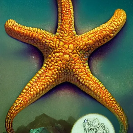 Image similar to Patrick Starfish with his tongue sticking out and a tab of lsd blotter on it, highly detailed, artstation, intricate, smooth, sharp focus, illustration, art by greg rutkowski and orientalism and bouguereau and Zdzislaw Beksinski, good clear quality, lighting, biology, symmetrical artwork, perfect face, 135 mm, cinematic, hyper realism, high detail, octane render, 8k, chrome accents
