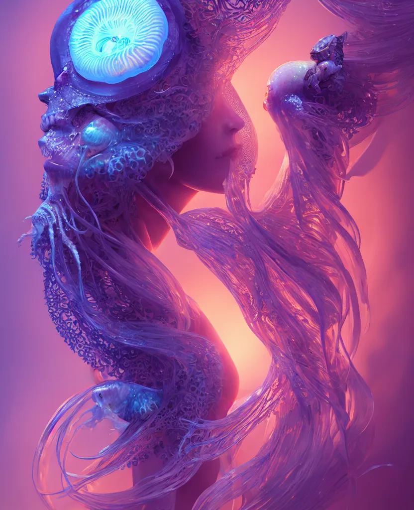 Image similar to goddess close-up portrait. jellyfish phoenix head, nautilus, orchid, skull, betta fish, bioluminiscent creatures, intricate artwork by Tooth Wu and wlop and beeple. octane render, trending on artstation, greg rutkowski very coherent symmetrical artwork. cinematic, hyper realism, high detail, octane render, 8k