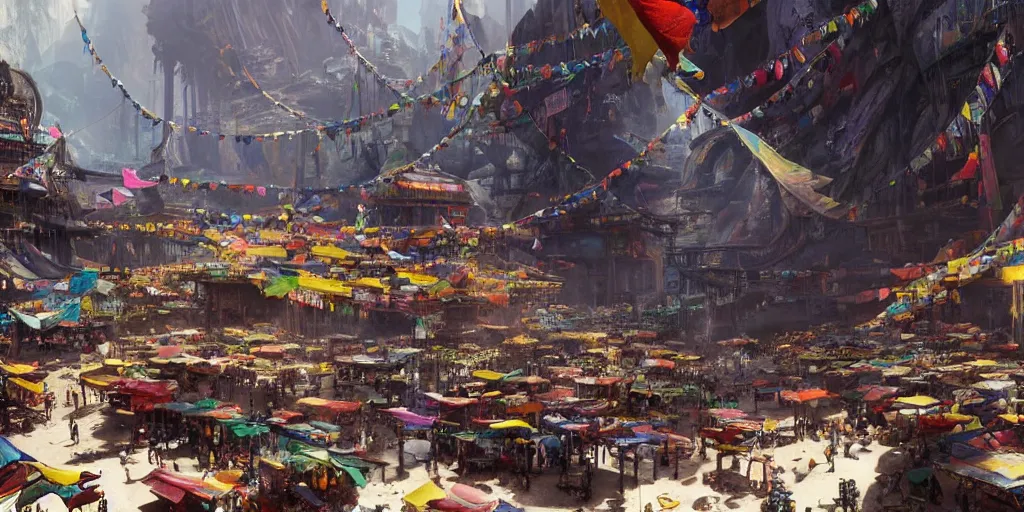 Prompt: screenshot of a vibrant bustling marketplace in a massive cavernous iron city, dappled light, colorful prayer flags, colossal arcing metal structures high in the cavernous metal interior, beautiful, awe inspiring, sci - fi, fps, by james gurney, greg rutkowski, sparth, thomas kinkaide, craig mullins, cinematography, cinematic masterpiece