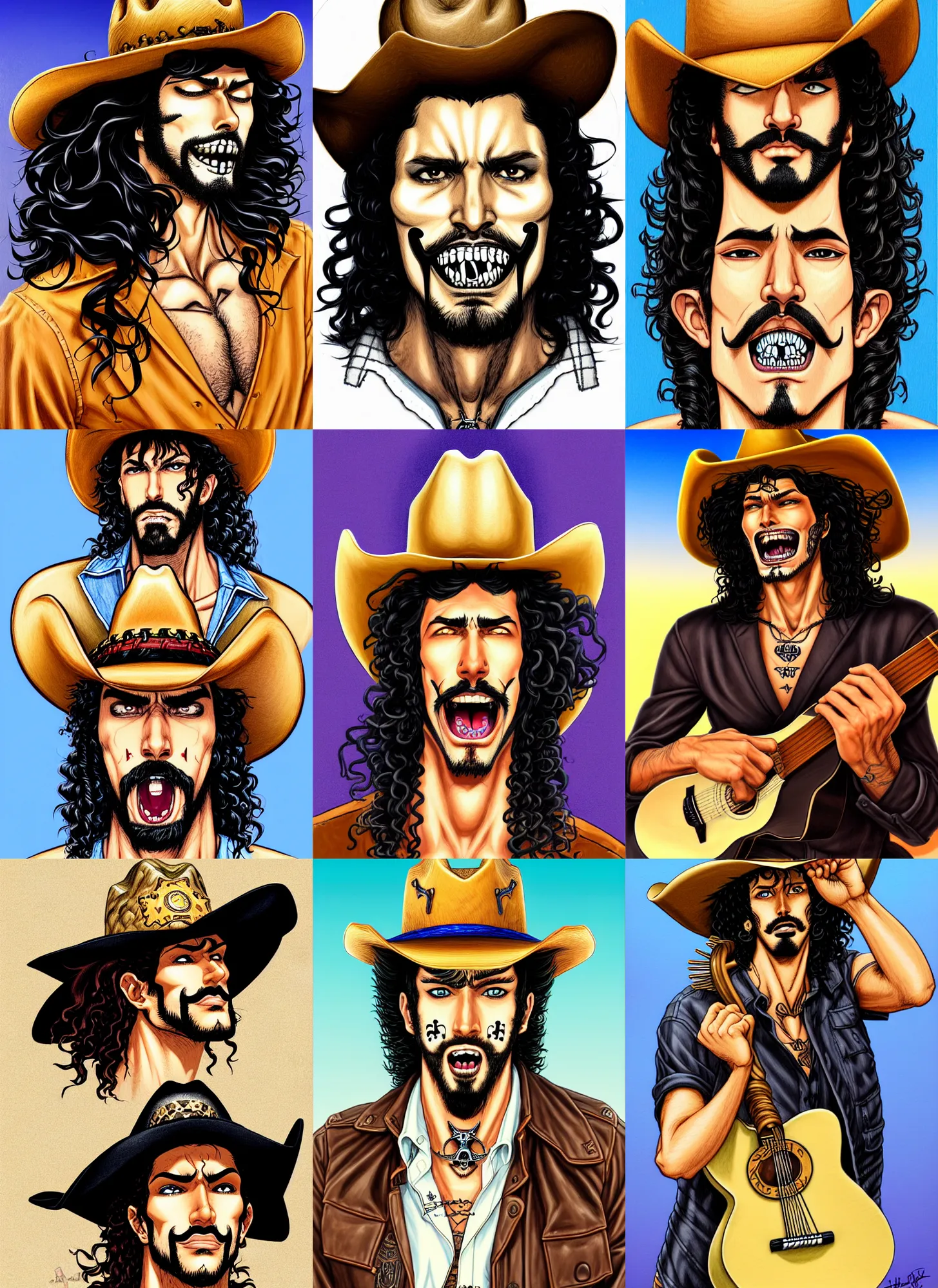 Prompt: illustration of a handsome!! man with long black curly hair + tan skin + anchor goatee, guitar | wearing a cowboy hat with a skull emblem | art by hirohiko araki & jean giraud & artgerm & jack kirby | artstation, character design, concept art, full body, digital painting | intricate, high detail, smooth, sharp focus