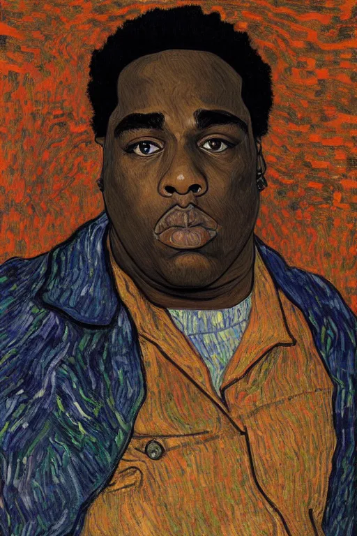 Prompt: a portrait of notorious b. i. g. in style of egon schiele, gustav klimt and vincent van gogh, masterpiece, hyperdetailed, complex, intricate, 4 k, trending on artstation