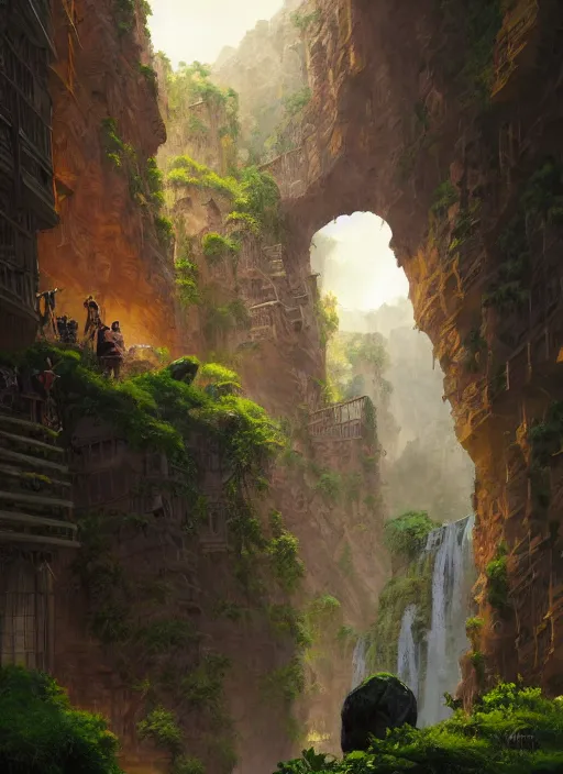 Prompt: medieval city built on terraces in a gigantic canyon, lots of buildings connected by hanging bridges, waterfalls, warm glow coming the ground, lush vegetation, pitchblack sky, extremly detailed digital painting, in the style andreas rocha and greg rutkowski, colors by peter mohrbacger, rim light, beautiful lighting, 8 k, stunning scene, octane, trending on artstation