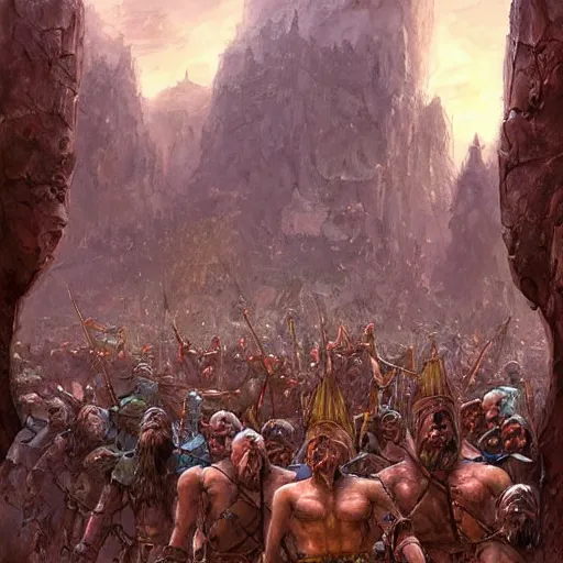 Image similar to giant statues of warriors with hand out in greeting by Marc Simonetti, fantasy art