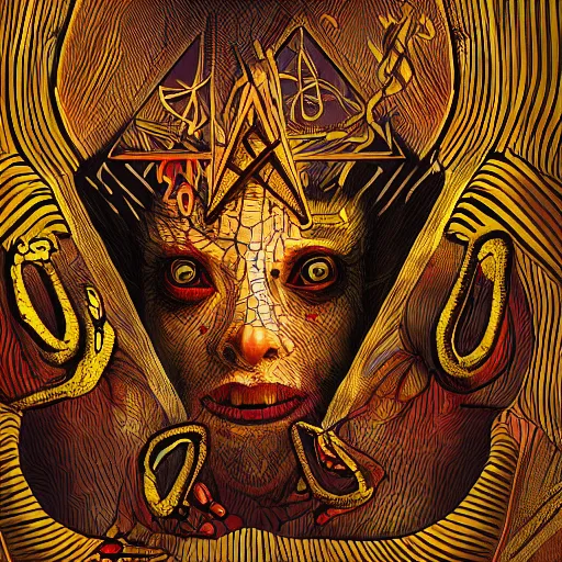 Image similar to portre of an autistic demon on acid, masonic and kabalistic symbols in background, digital art, 8k, delicate details