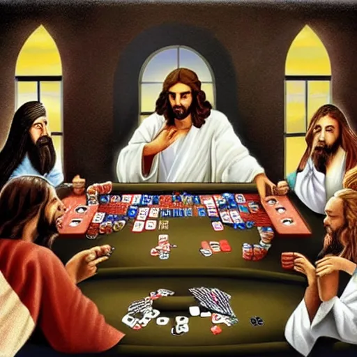 Prompt: nine various interpretations of Jesus playing poker