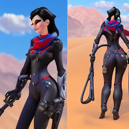 Image similar to widowmaker overwatch in the desert riding on a horse, black and red jacket, collar around neck, very detailed face, feminine face, full body