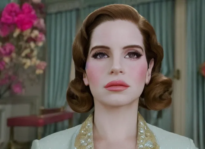 Prompt: a film still closeup of lana del rey in the grand budapest hotel ( 2 0 1 4 )