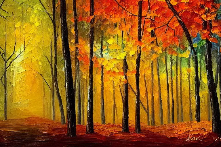 Prompt: oil painting of a forest in autumn, leafs falling, dramatic lighting, colorful, autumn colors