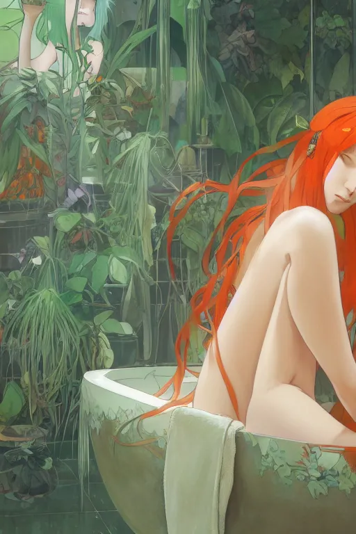 Prompt: a girl with long white hair lying in a bathroom bath at afternoon, plants, green and orange theme, s line, 4 5 angel by krenz cushart and mucha and makoto shinkai and akihito yoshida and greg rutkowski, 4 k resolution