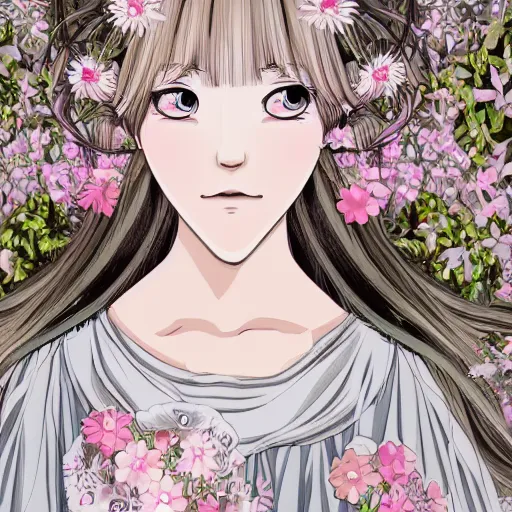 Prompt: renaissance, manga portrait of a young lady pink cheeks wearing renaissance harajuku dress pale grey and white flowers, background chaotic flowers