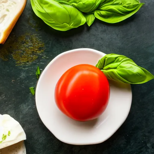 Prompt: photo of a tomato filled with mozzarella and basil, in a pool of olive oil