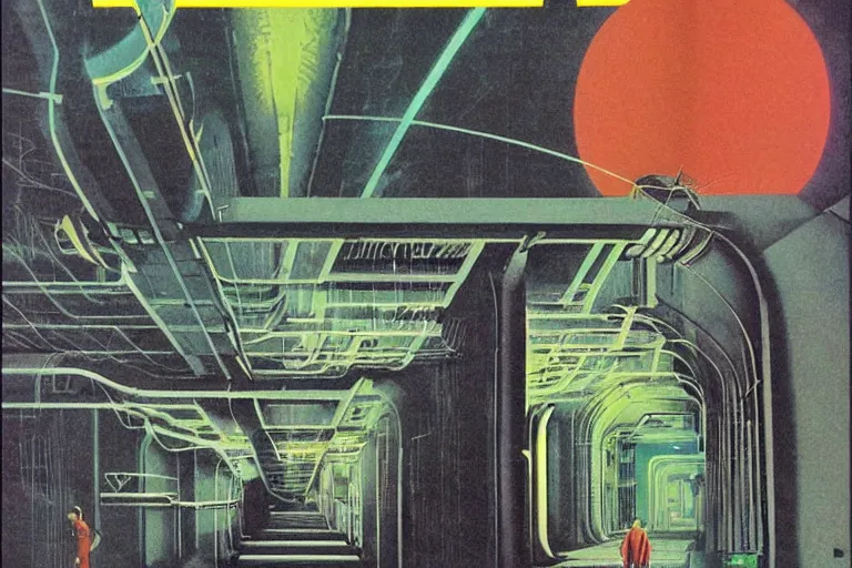 Prompt: 1979 OMNI Magazine Cover focused on a ladder to a dark subway tunnel. In the background are far off views of neo-Tokyo outskirts in cyberpunk style by Vincent Di Fate