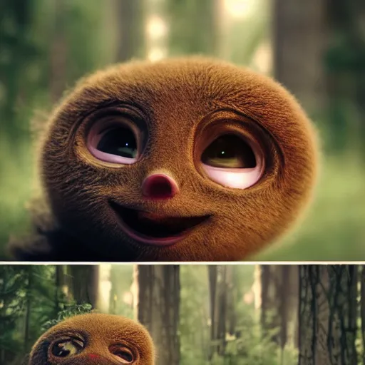 Image similar to very very very very cute anonymous, portrait, pixar style, forest background, cinematic lighting, award winning creature portrait photography