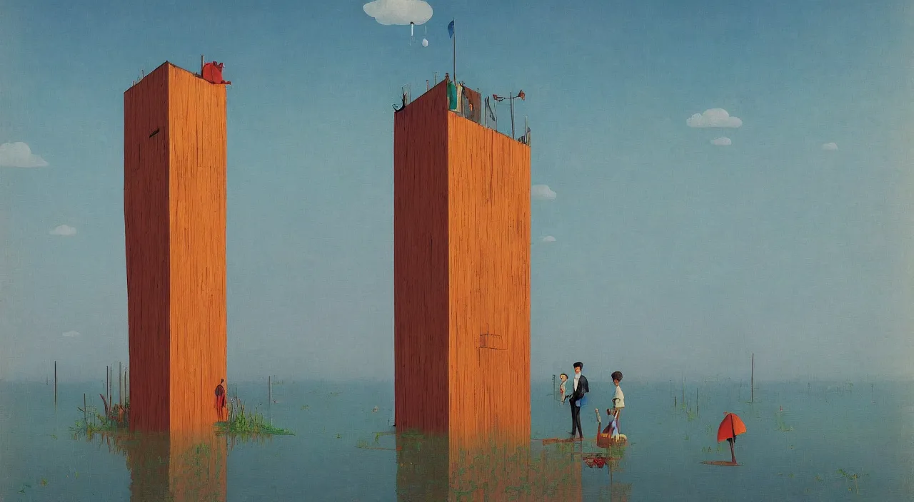 Image similar to single flooded simple wooden tall! tower, very coherent and colorful high contrast!! masterpiece by rene magritte simon stalenhag carl spitzweg syd mead norman rockwell edward hopper james gilleard, minimalist, dark shadows, sunny day, hard lighting