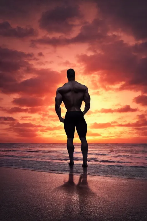 Image similar to a very muscular and defined man wearing ripped pants and shirt looking to the sea at sunset, godrays, complementary colors, natural lighting, portait image, path tracing, serene landscape, high quality, highly detailed, 8K, soft colors, warm colors, turbulent sea, high coherence, anatomically correct, hyperrealistic, concept art, defined face, five fingers, front view