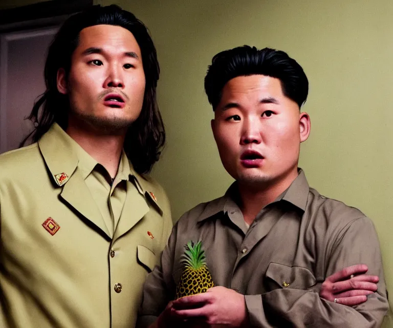 Image similar to hyperralism pineapple express ( 2 0 0 8 ) movie still photography of realistic detailed north korean kim chen with detailed face smoking high detailed weed and reviewing weed bush in detailed basement bedroom ultra violet light