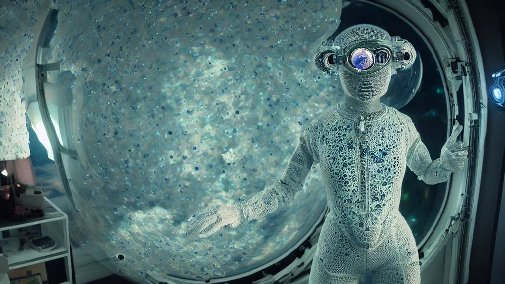 Image similar to a astronaut eva suit covered in diamond 3d fractal lace iridescent bubble 3d skin and covered with insectoid compound eye camera lenses floats through the living room, film still from the movie directed by Denis Villeneuve with art direction by Salvador Dalí, wide lens,