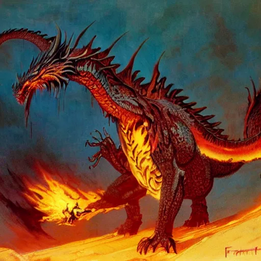 Prompt: A dragon breathing fire by Frank Frazetta