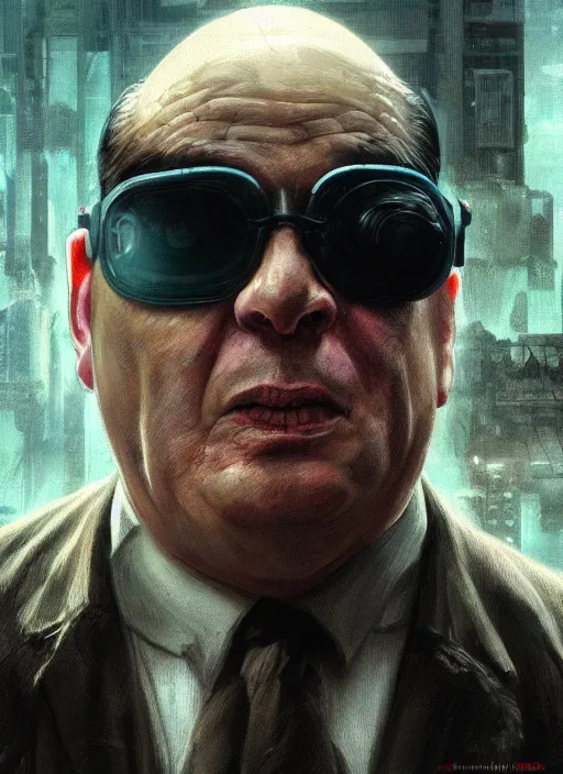 Image similar to ultra realistic medium shot of danny de vito how a cyborg cyberpunk, sci - fi, kodak, faces, colour led, soft light, volumetric lighting, fog, rays, night, intricate detailed, digital painting, concept art, smooth, sharp focus, illustration, art by artgerm and greg rutkowski and alphonse mucha