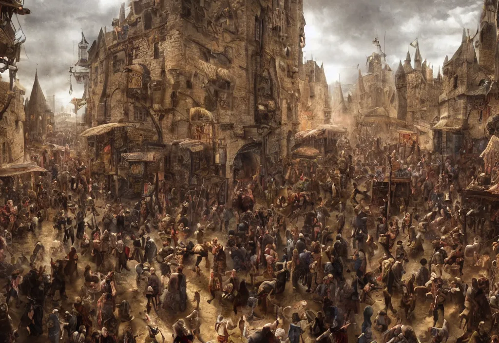 Image similar to photography crowd of emma watsons fight with nicholas cage in a medieval market detailed matte painting,