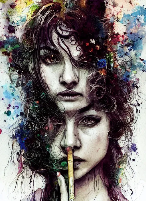 Prompt: portrait, beautiful Stoner hippy girl, sitting down, smoking a magical bong, watercolor, dramatic lighting, cinematic, establishing shot, extremely high detail, foto realistic, cinematic lighting, pen and ink, intricate line drawings, by Yoshitaka Amano, Ruan Jia, Kentaro Miura, Artgerm, post processed, concept art, artstation, matte painting, style by eddie mendoza, raphael lacoste, alex ross