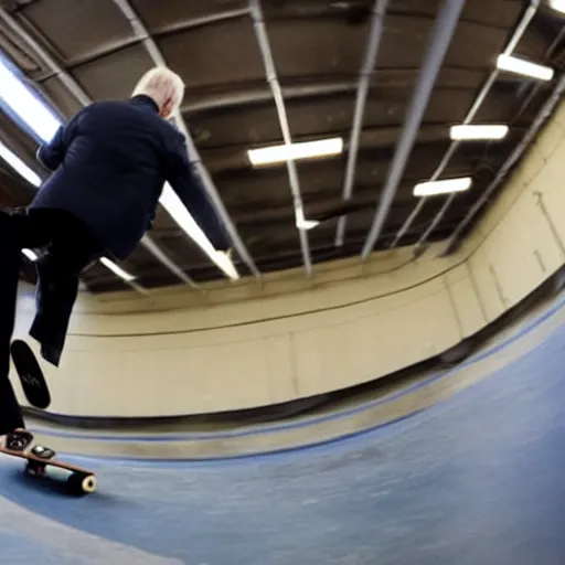 Image similar to joe biden doing a kickflip on a skateboard, fisheye lens