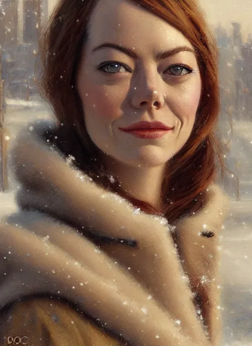 Image similar to emma stone in beige coat, close up portrait, winter new york, snow, artwork by gaston bussiere, craig mullins, trending on artstation