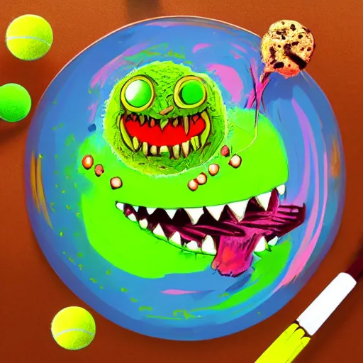 Prompt: a tennis ball monsters eating breakfast, colorful, digital art, fantasy, magic, chalk, trending on artstation, ultra detailed, professional illustration by basil gogos