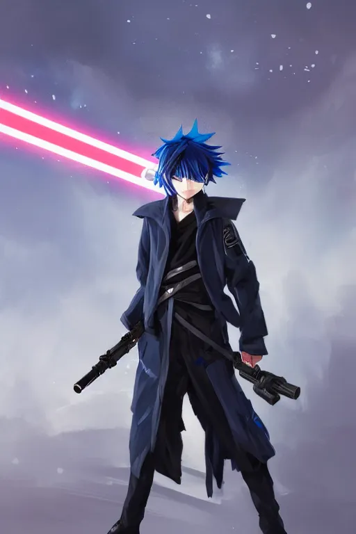 Anime character boy wearing a blue pant and bore skin holding a nichirin  sword , anime style