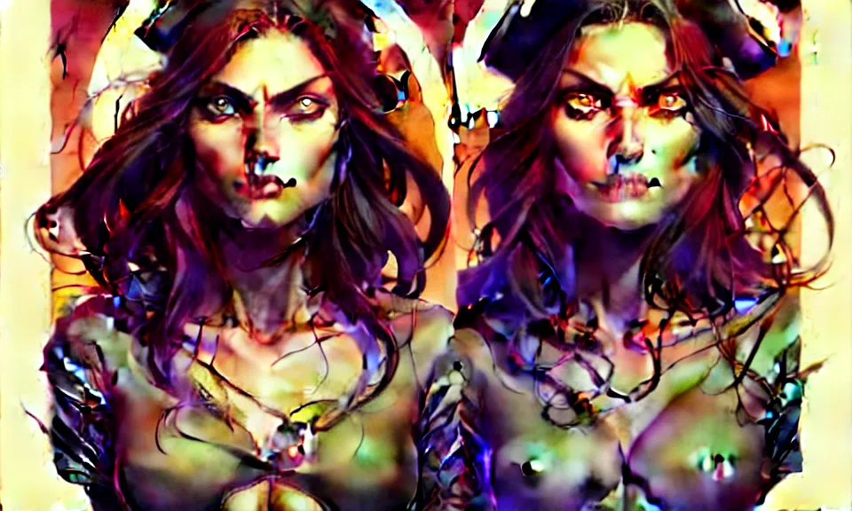 Image similar to artgerm, joshua middleton comic cover art, pretty pirate phoebe tonkin smiling, full body, symmetrical eyes, symmetrical face, long curly black hair, on a pirate ship background, warm colors