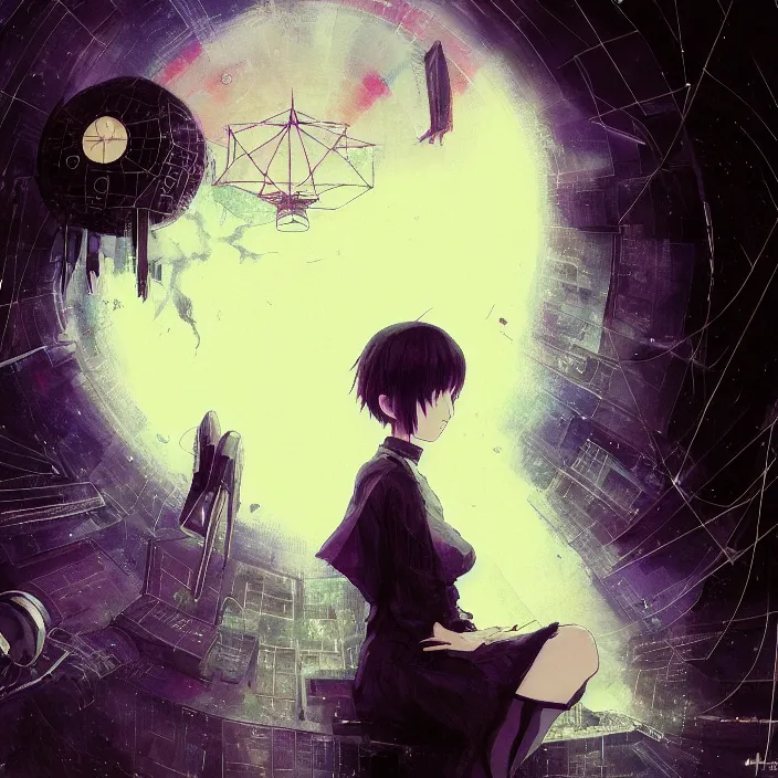 Image similar to Close up Iwakura Lain, epcot, inside a space station, eye of providence, Rei Ayanami, Tomas Sanchez, evening formal robes, digital illustration, Howl's Moving Castle, tranquil divine observer Nymph by ismail inceoglu nicola samori dragan bibin hans thoma greg rutkowski Alexandros Pyromallis Nekro Rene Margitte illustrated, official anime key media, hellscape, mind character, Environmental occlusion theme Jia, a William mans character, Artstation station female hyperdetailed with , rei ayanami