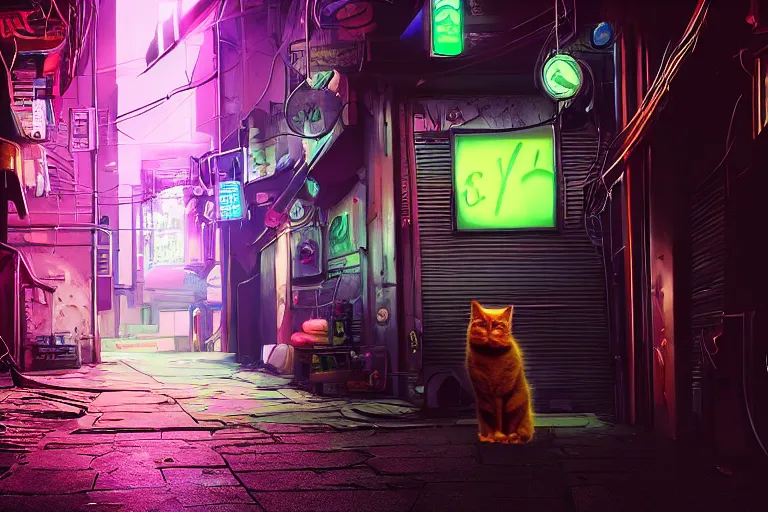 Image similar to ginger cat in the alley, neon lighting, rendered in unreal engine, trending on artstation, cyberpunk