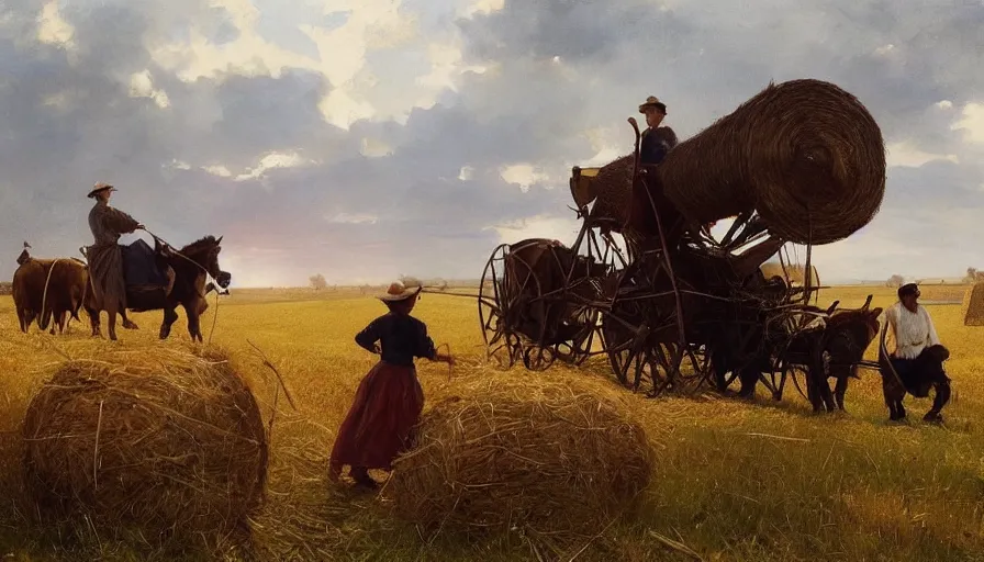 Prompt: simple amish farmers shocking hay in open fields, art by anders zorn, wonderful masterpiece by greg rutkowski, beautiful cinematic light, american romanticism thomas lawrence, greg rutkowski