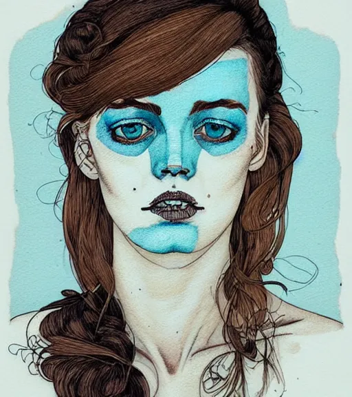 Image similar to portrait of a woman raised on the island face tatooes by kaethe butcher, dynamic lighting, gradient light blue, brown, blonde cream and white color scheme, grunge aesthetic