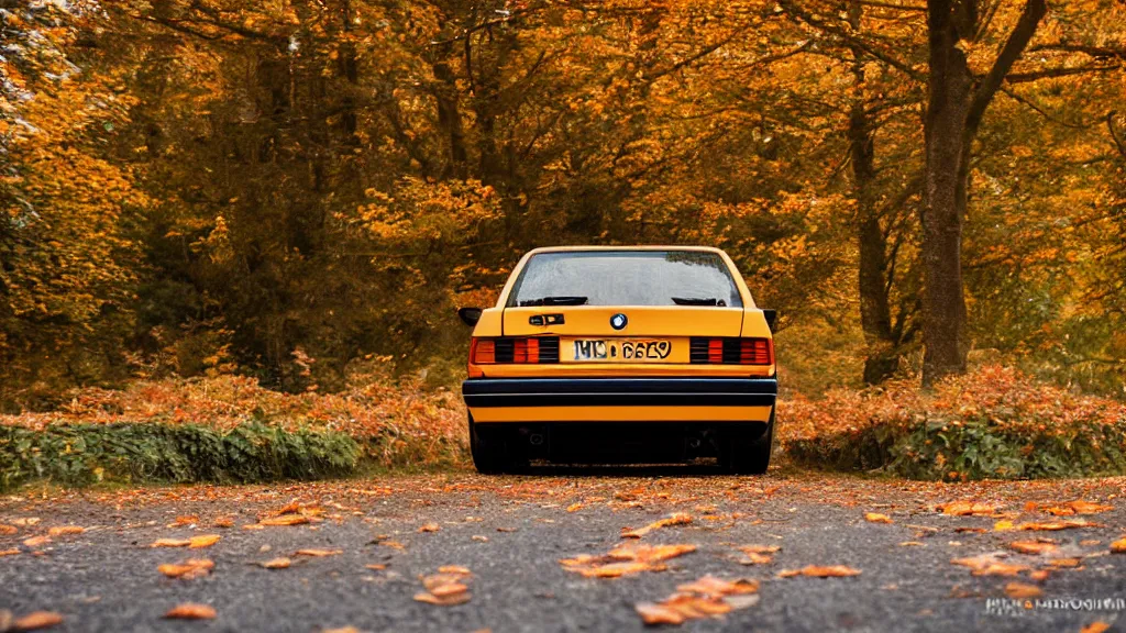 Prompt: a rear shot of a modified bmw e 3 0 driving through autumn leaves, motion blur, 3 5 mm photography, car photography, clean lines, realistic