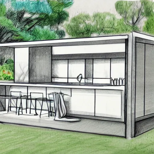 Prompt: modern garden kitchen design, designer pencil sketch, HD resolution