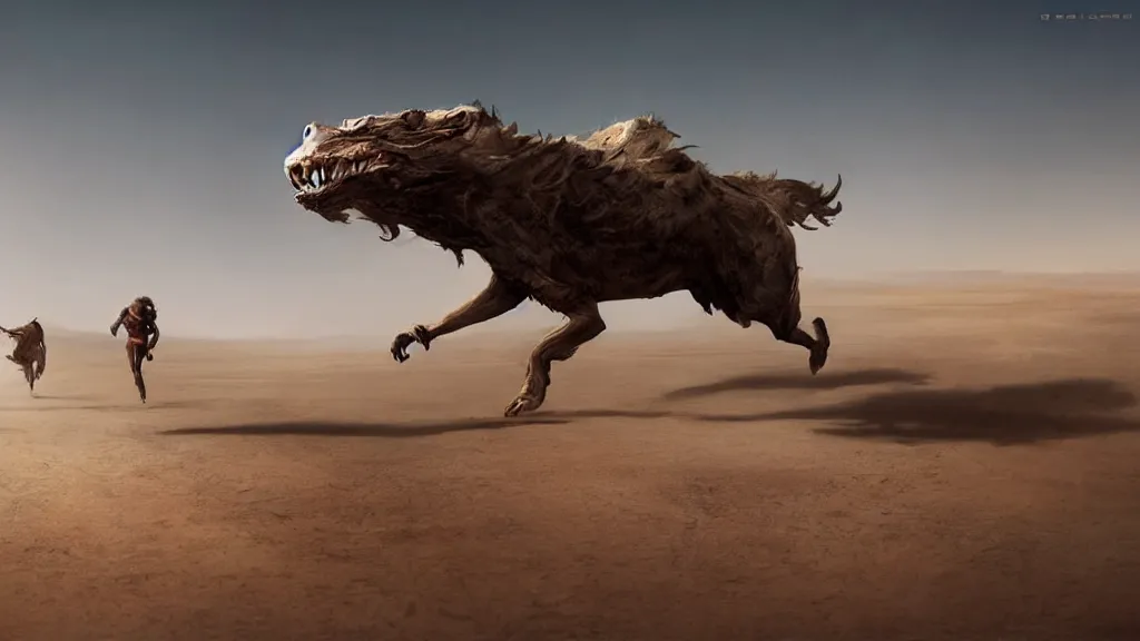 Image similar to beast running across the open desert, empty desert, sand, karst landscape, wide shot, fantasy art by greg rutkowski
