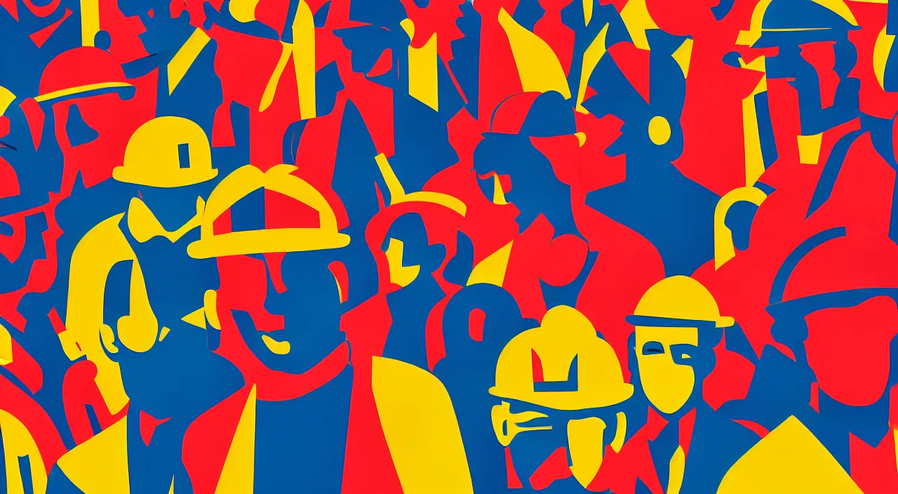 Prompt: constructivist multicolored propaganda poster of workers from the 2050s cinematic lighting 8k wide angle shallow depth of field