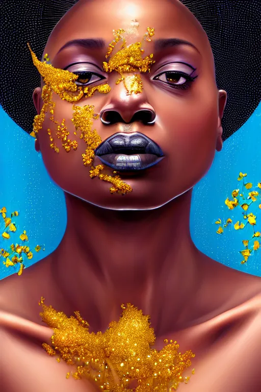 Prompt: hyperrealistic [ precisionist ] cinematic profile very expressive! black oshun goddess, in water! up to shoulders, mirror dripping droplet!, gold flowers, highly detailed face, digital art masterpiece, smooth eric zener cam de leon, dramatic pearlescent turquoise light on one side, low angle uhd 8 k, shallow depth of field
