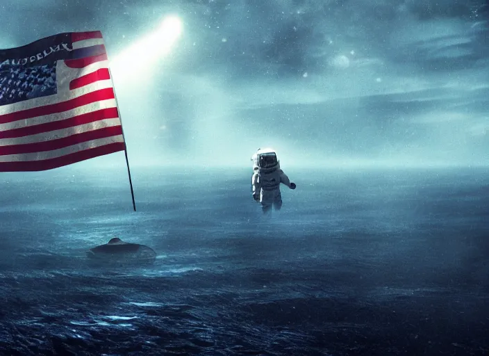 Image similar to astronaut holding a flag in an underwater desert. a submarine is visible in the distance. dark, concept art, cinematic, dramatic, atmospheric, 8 k, trending on artstation, blue, fish, low visibility, light rays, extremely coherent, bubbles, fog, ocean floor, christopher nolan, interstellar, finding nemo