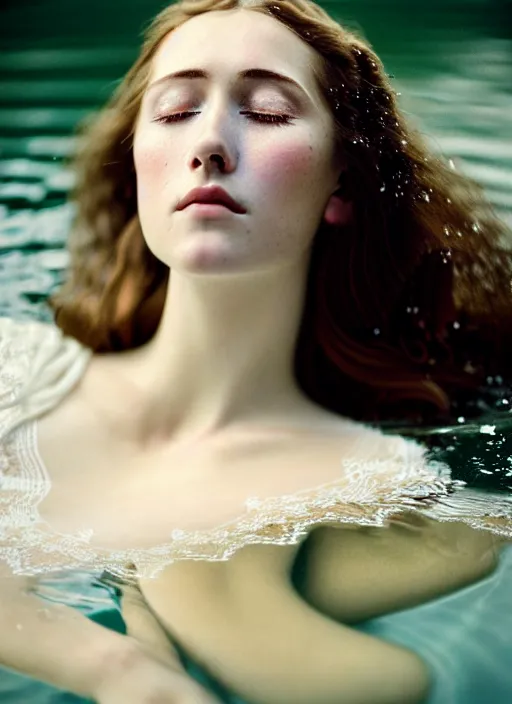 Image similar to Kodak Portra 400, 8K, soft light, volumetric lighting, highly detailed, sharp focus,britt marling style 3/4, Close-up portrait photography of a beautiful woman how pre-Raphaelites a woman with her eyes closed is surrounded by water , face is surrounded by Water Circle. she has a beautiful lace dress and hair are intricate with highly detailed realistic beautiful flowers , Realistic, Refined, Highly Detailed, natural outdoor soft pastel lighting colors scheme, outdoor fine art photography, Hyper realistic, photo realistic