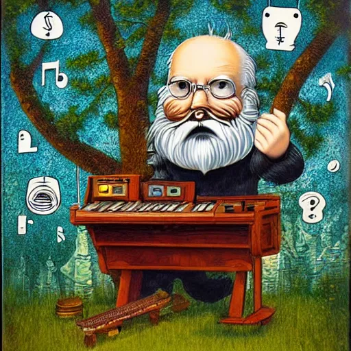 Prompt: old man white beard playing a synthesizer in a tree house, notes and clefs listening, lowbrow surrealistic, in the style of mark ryden,