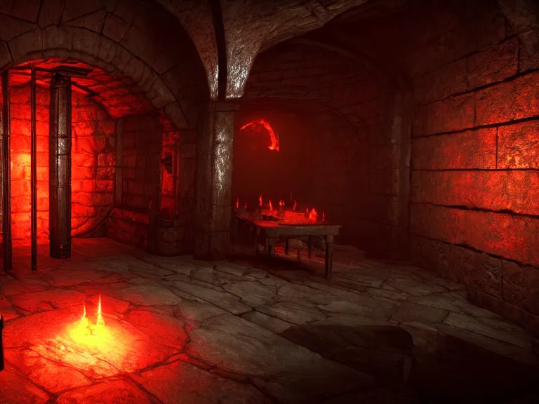 Prompt: delicious torch lit prison dungeon jail cell atmospheric unreal engine hyperreallistic render 8k character concept art masterpiece screenshot from the video game the Elder Scrolls V: Skyrim deep vibrant orange red flame global illumination