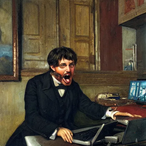 Image similar to an angry man yells at his computer monitor, oil on canvas, 1 8 8 3, highly detailed