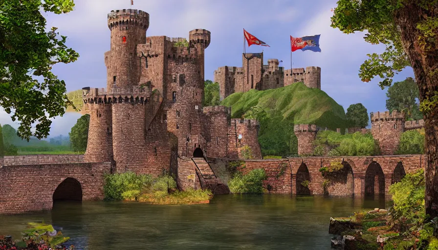 Image similar to a castle with a moat and drawbridge, digital art, highly detailed, realistic, bright colors, 8 k